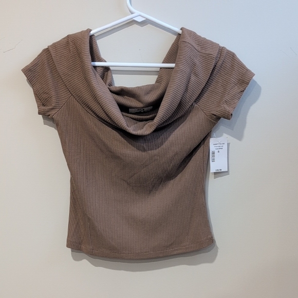 Brown Ribbed Cowl Neck Top - Picture 1 of 4